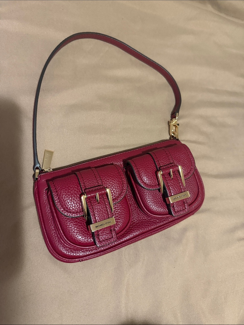 Michael Kors Wine Pebbled Leather Double-Pocket Shoulder Bag
